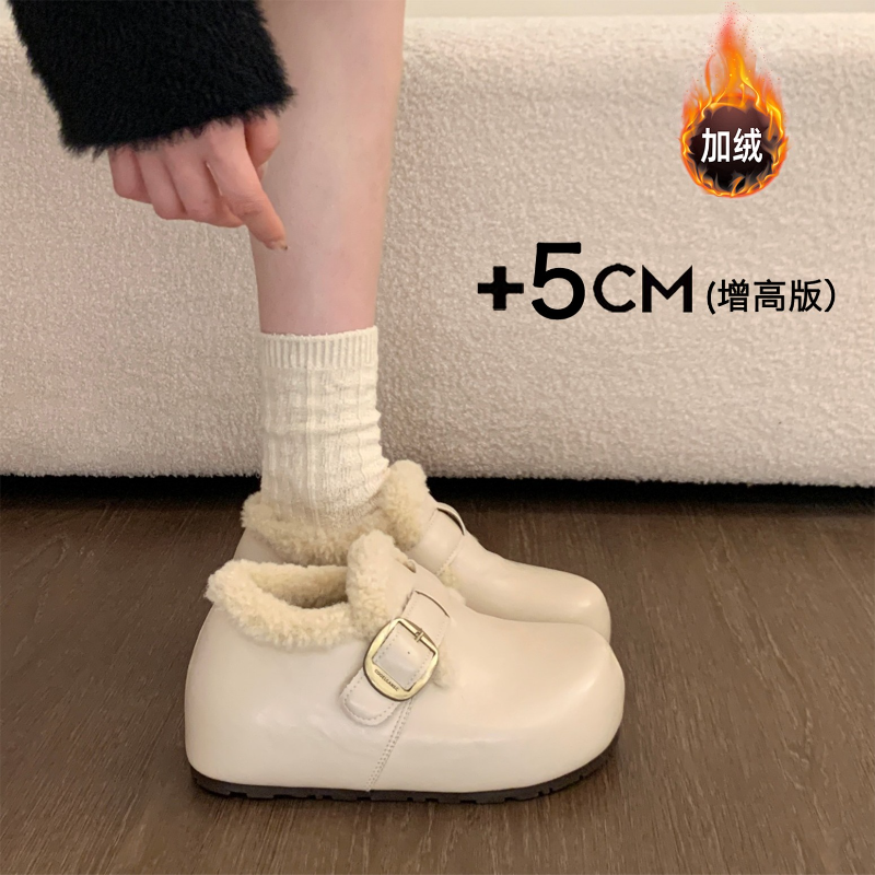 厚底加绒勃肯鞋女2025新款冬季内增高复古一脚蹬加绒毛毛鞋棉鞋子