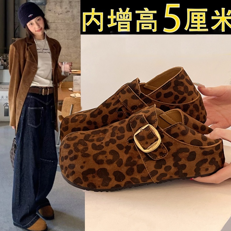 复古内增高豹纹厚底勃肯鞋女2025新款秋季一脚蹬博肯豆豆鞋单鞋子