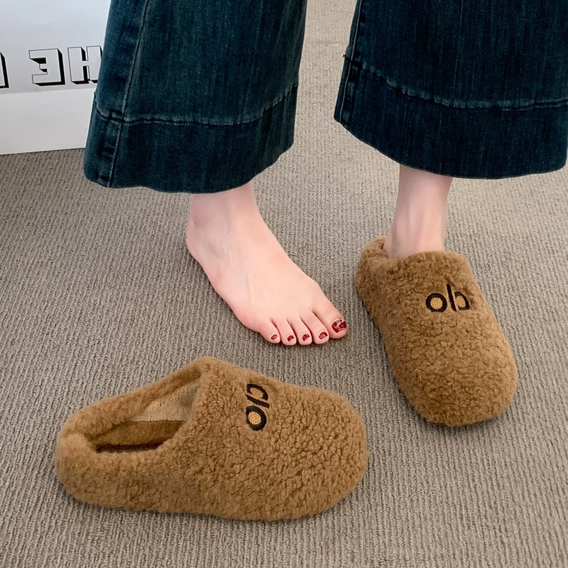 厚底加绒保暖勃肯毛毛拖鞋女2025新款冬季居家棉拖鞋防滑包头半拖