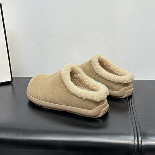 小土豆勃肯鞋冬季加绒厚底包头毛毛半拖鞋女外穿真皮一脚蹬穆勒鞋