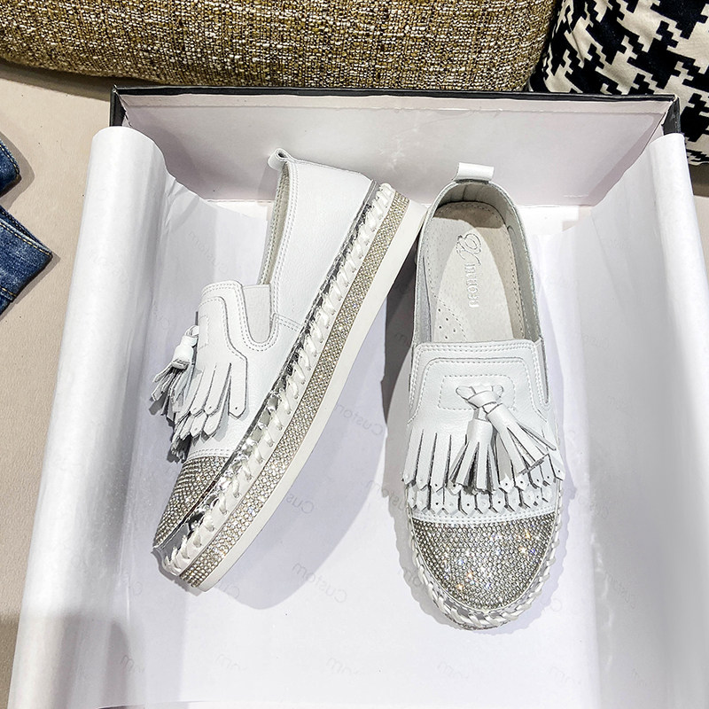 真皮透气乐福鞋厚底流苏软底一脚蹬懒人鞋水钻平底小白鞋女夏薄款