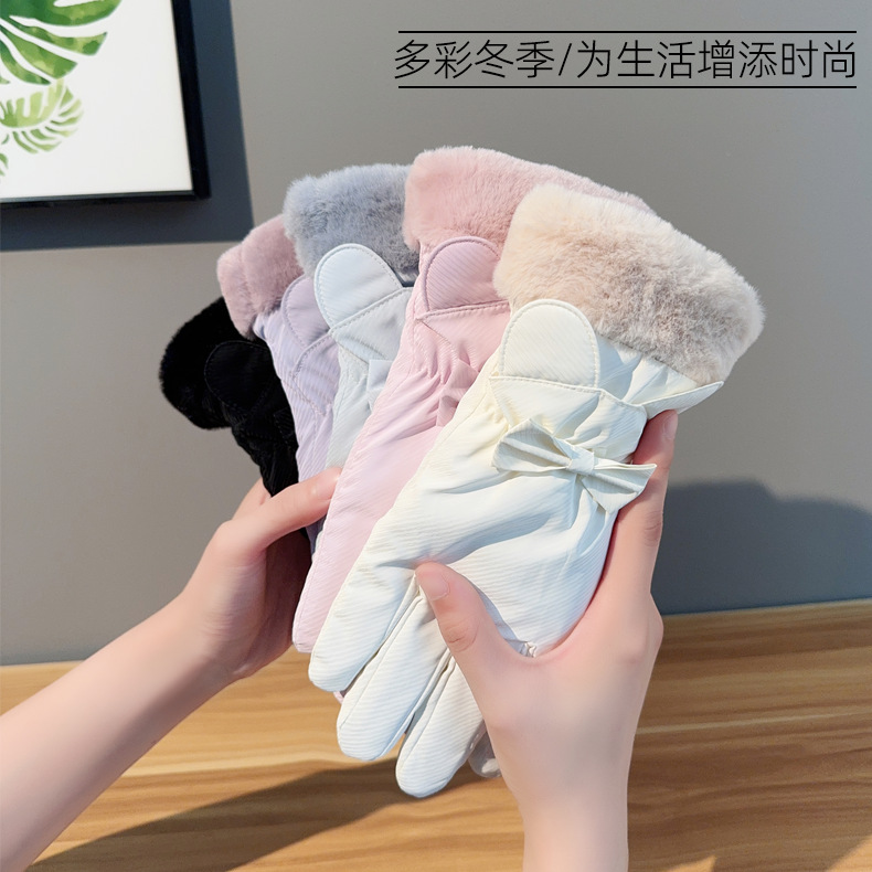 新款时尚简约冬季滑雪保暖手套可爱小耳朵触屏加绒户外滑雪手套