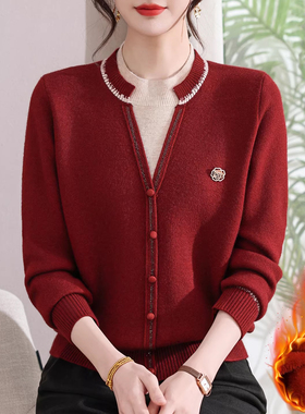 妈妈冬装假两件针织毛衣中老年女本命年过年红色加绒保暖洋气上衣