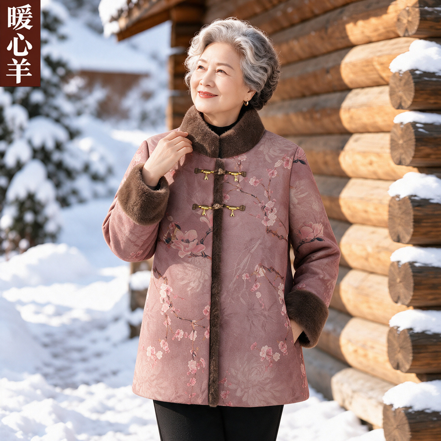 奶奶洋气冬装加绒加厚保暖皮草中老年女装妈妈中国风毛领盘扣外套