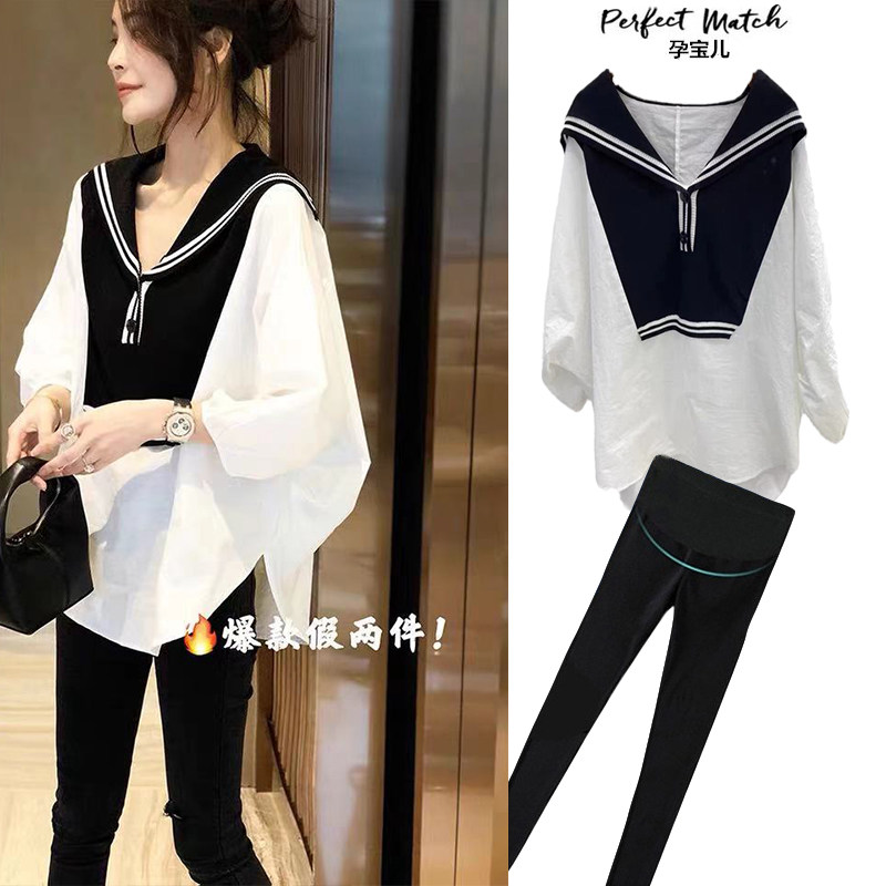 임산부 가을 정장 유행 스타일 2024 새로운 중간 길이 봄 탑 느슨한 인터넷 연예인 투피스 세트 봄 가을 스타일