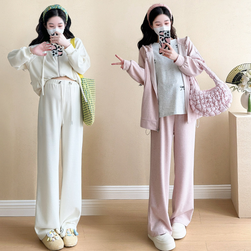 임산부 가을 정장 지퍼 후드 티셔츠 넓은 다리 바지 게으른 투피스 세트 2024 가을 새로운 스타일 임신 착용