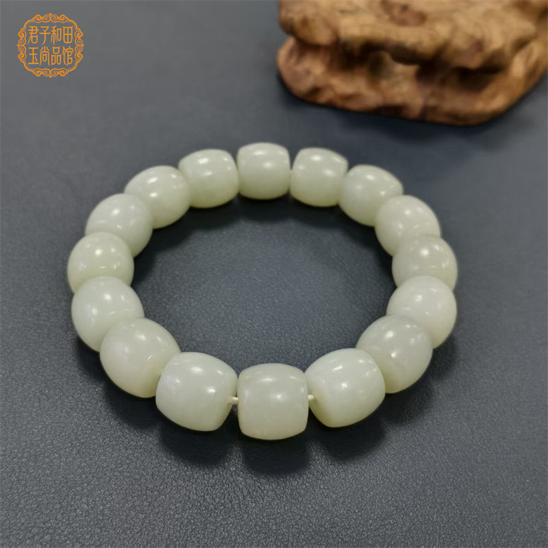 且末高青白玉14mm直切手串]天然新疆和田玉且末料糖白玉手串