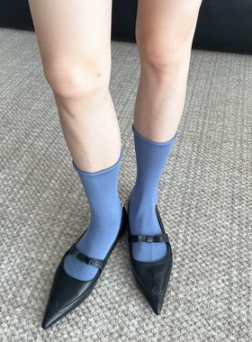春夏miu风基础款木耳边百搭堆堆袜纯色简约蓝色中筒袜韩系小腿袜
