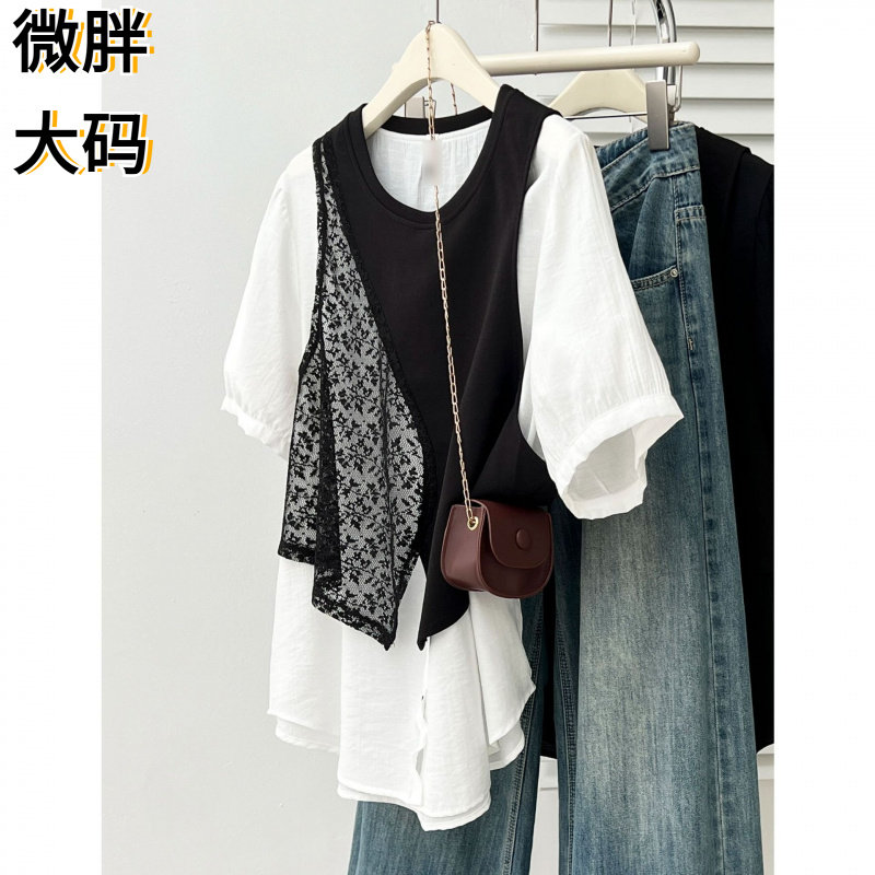 200斤胖妹妹夏季新款感拼接假两
