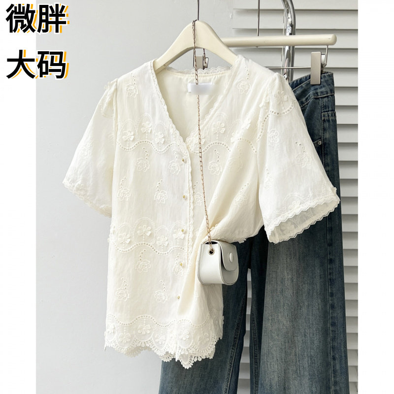 大码女装夏季新款气质V领花边短
