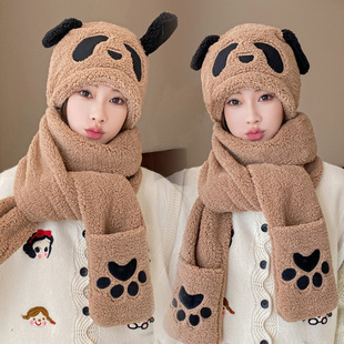 抖音同款耳朵会动的熊猫帽子围巾手套一体女冬季学生骑行可爱围脖