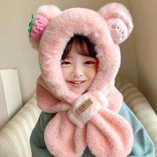 儿童帽子围巾手套三件一体冬季新款卡通超萌加厚毛绒男女童套头帽
