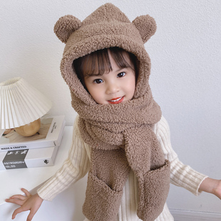 学生帽子女冬小熊耳帽子围巾一体保暖毛绒套头帽骑车防寒加绒围脖