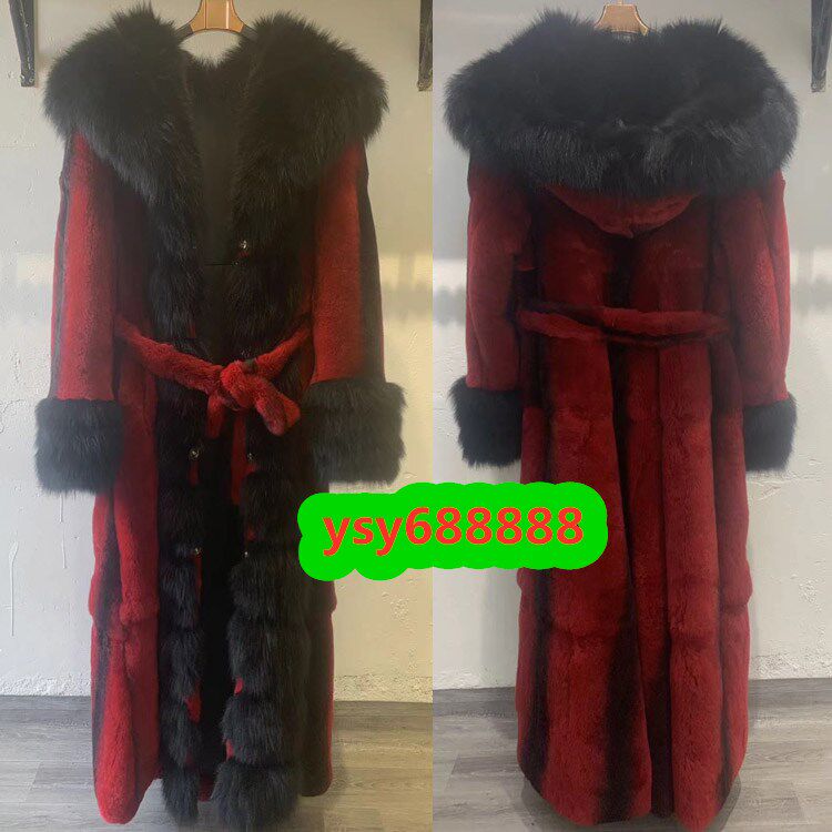 皮毛一体进口獭兔毛狐狸毛连帽款皮草外套女长款韩版显瘦气质奢华