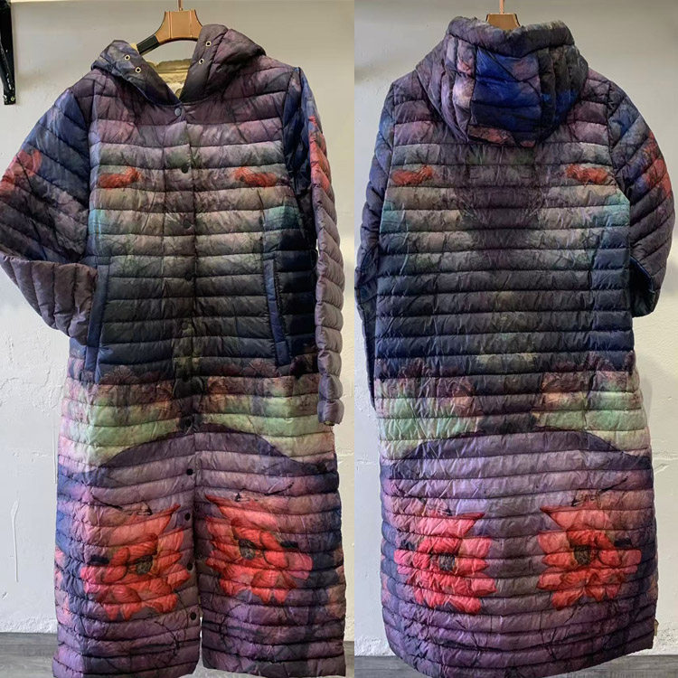 宝L秋冬女装中长款轻薄羽绒服连帽休闲气质百搭富贵花色显瘦遮肉