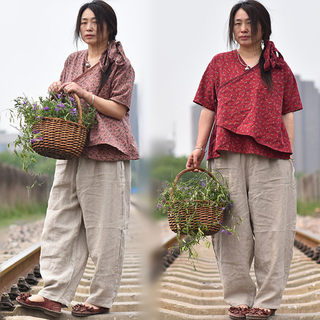 大码女装舒适纯棉文艺印花斜襟小衫田园复古不对称短袖百搭上衣