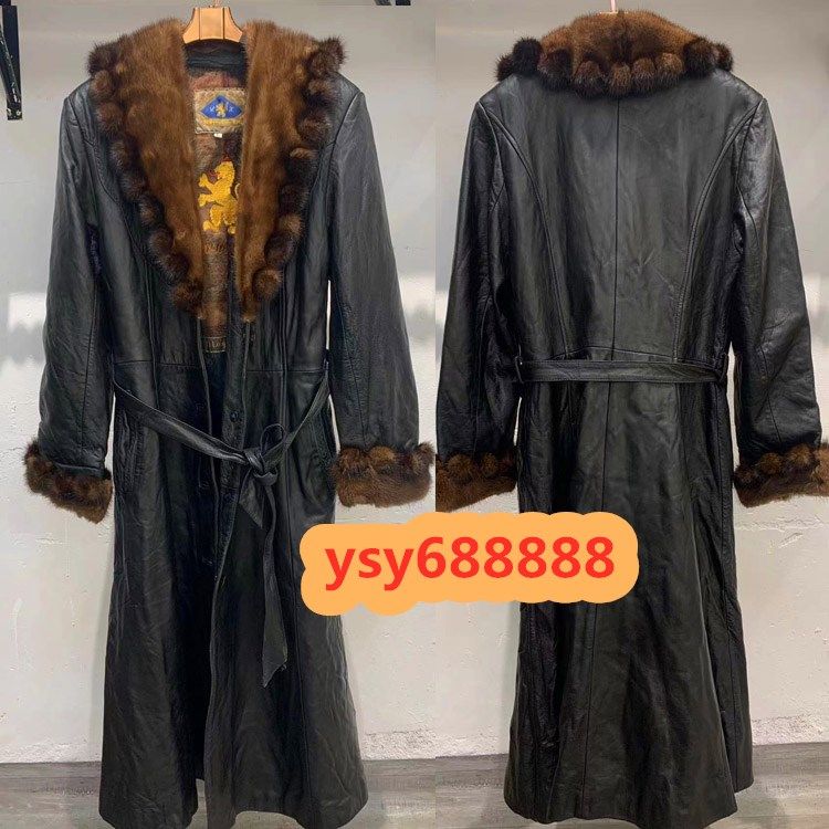 中古奢侈女御庭风绵羊皮春秋风衣外套水貂领气质长裙真皮倾国V领