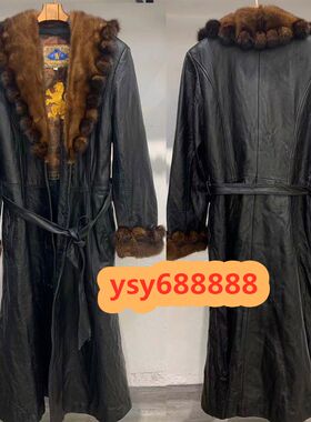 中古奢侈女御庭风绵羊皮春秋风衣外套水貂领气质长裙真皮倾国V领