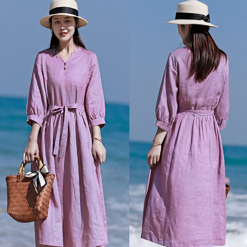 春夏新款女装 亚麻水洗纯色长款裙子v字领七分袖大摆连衣裙女