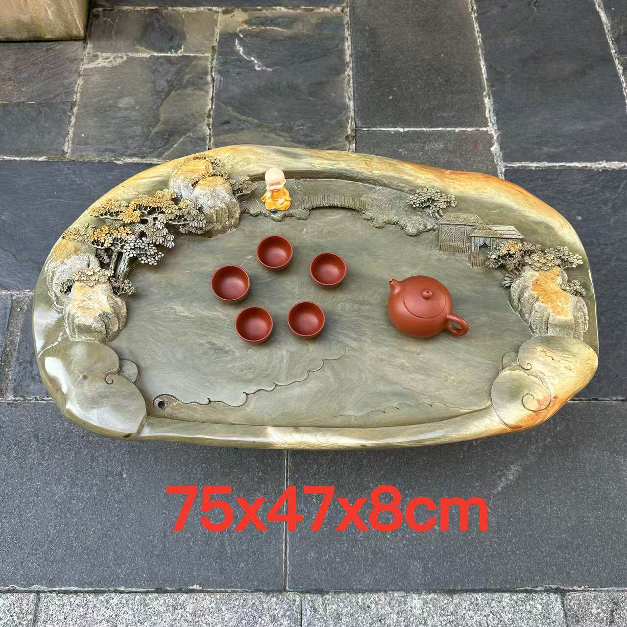 肇庆厂家端石茶盘天然绿端创意雕刻山水家用客厅百年茶台茶海精品