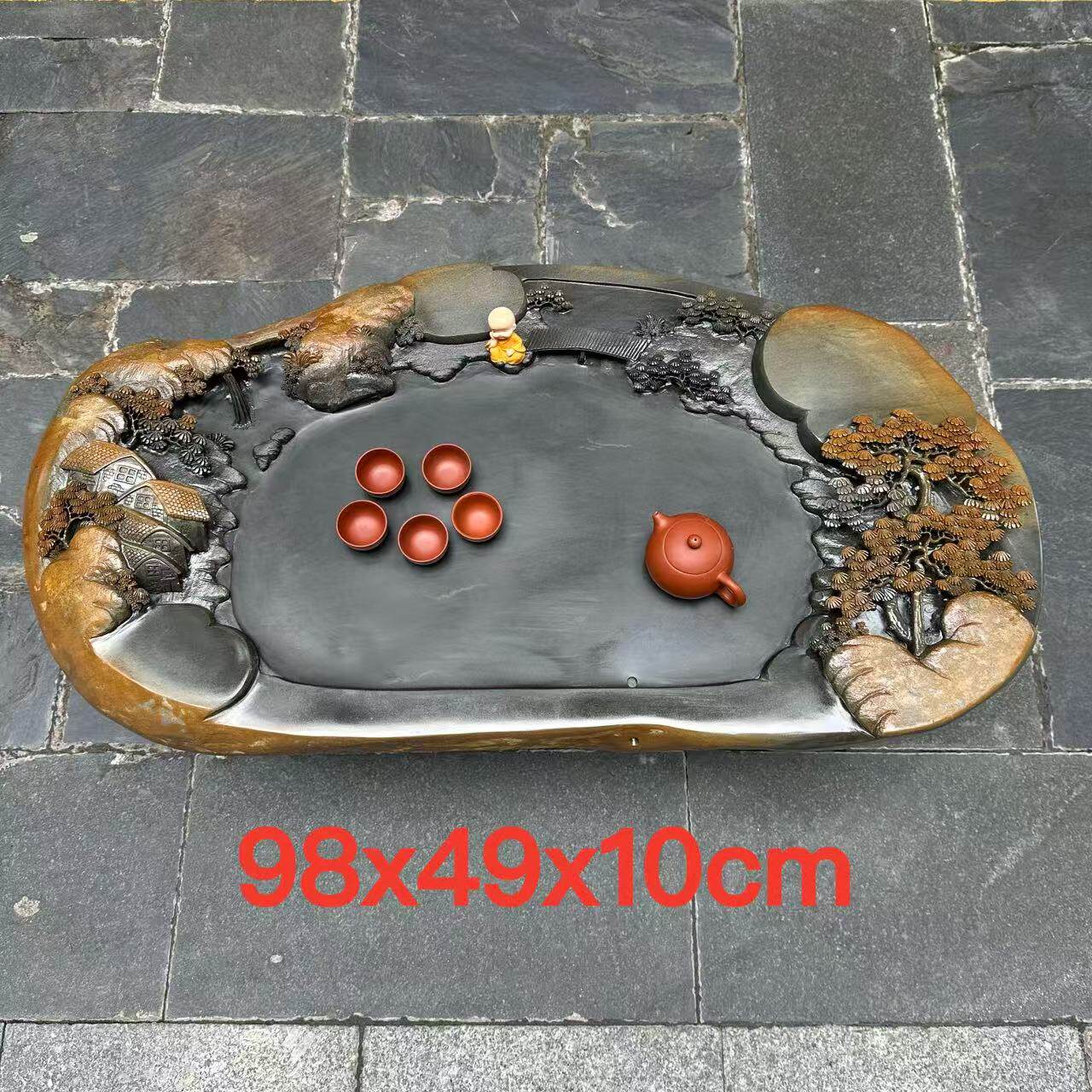 肇庆端砚茶盘天然绿端名师精雕山水石材茶盘茶海家用功夫茶台孤品