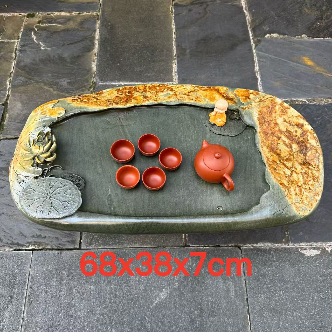 端石茶盘肇庆绿端名师创意精雕高档荷花户外室内茶台茶海客厅精品