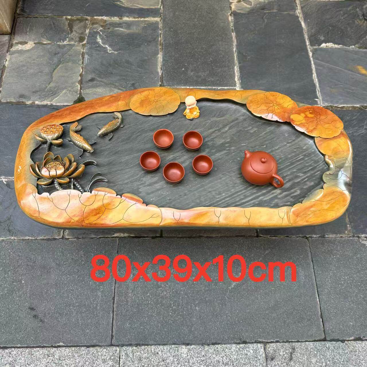 肇庆厂家端石茶盘绿端手工雕刻荷花干湿分离家用功夫茶台茶海精品