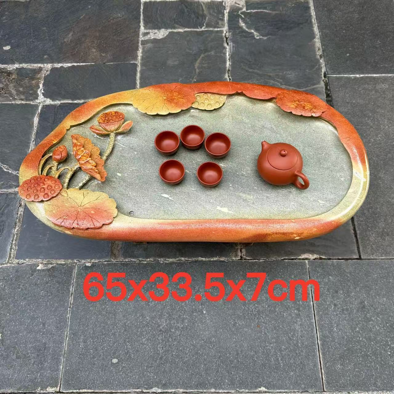 厂家端砚茶盘绿端金包玉荷花客厅高档复古摆件茶台茶几茶海精品