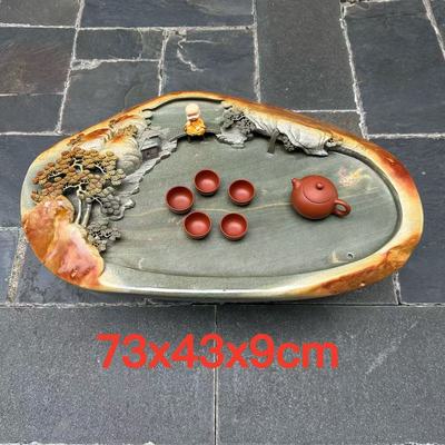 肇庆厂家端石茶盘绿端新中式家用茶台茶托功夫茶具茶桌精雕山水