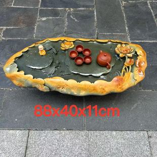 肇庆厂家端砚茶盘绿端金包玉精雕荷花仿古实用高档茶海茶台精品