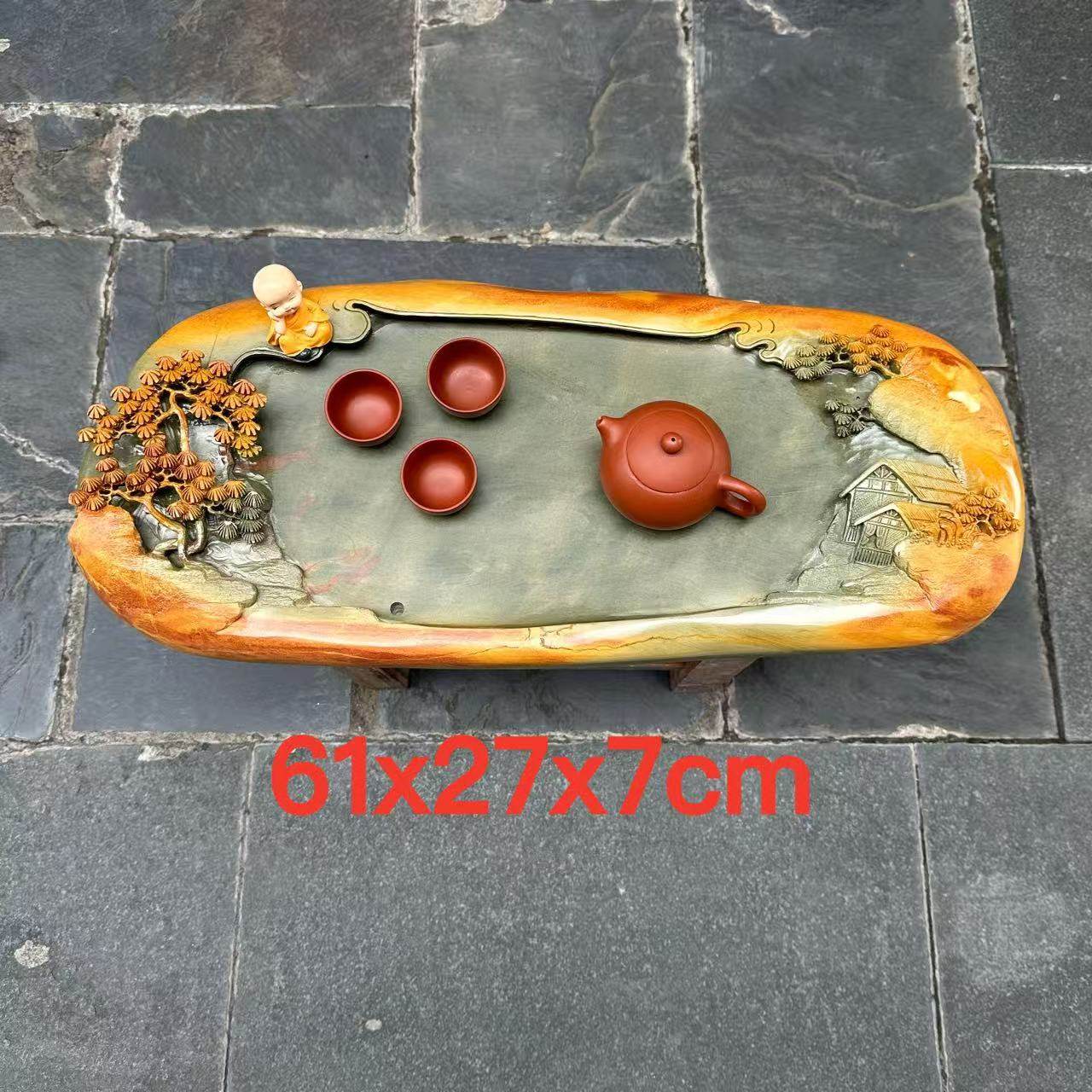 肇庆端石茶盘绿端精雕山水长条小号客厅办公室一体功夫茶台茶海