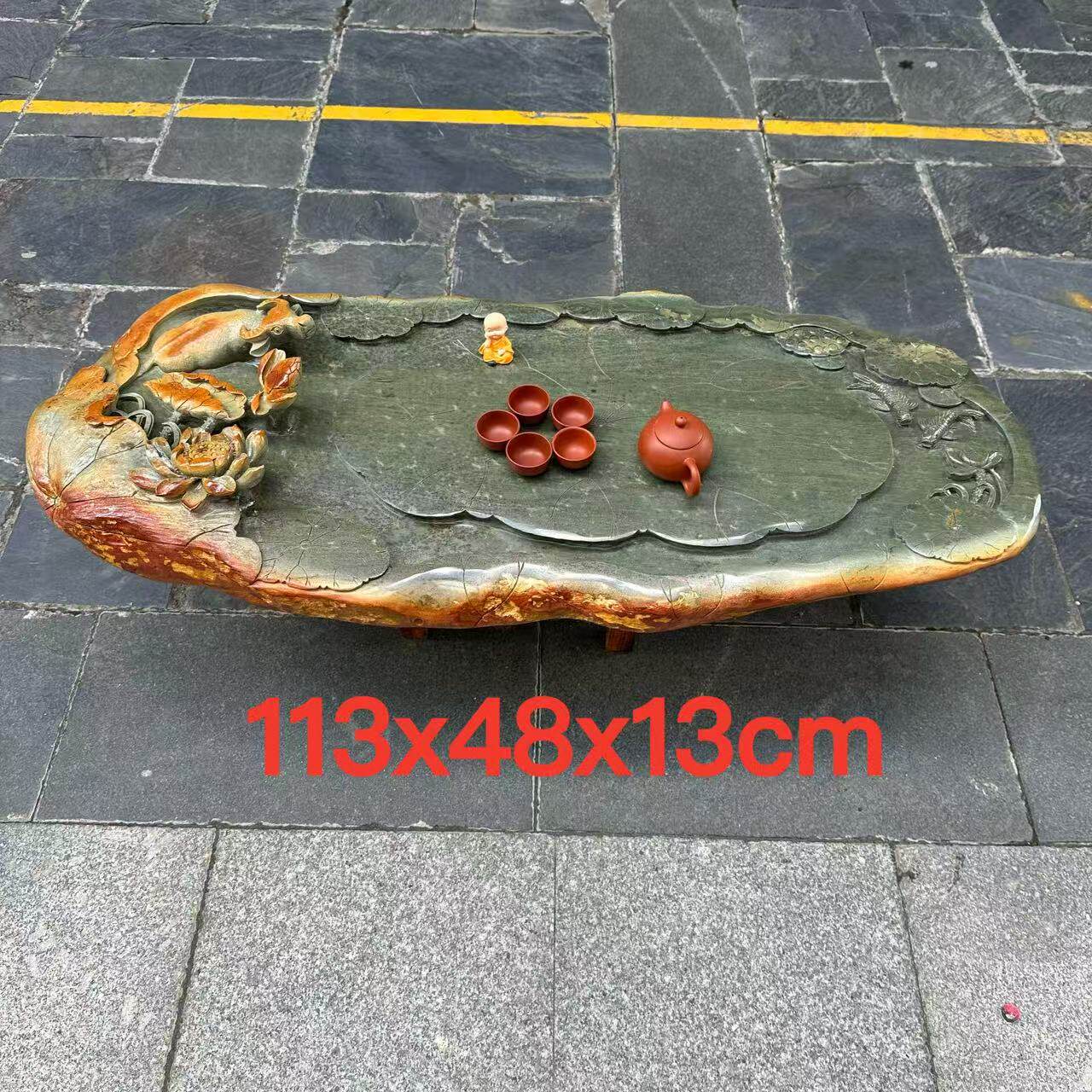 肇庆厂家端砚茶盘绿端手工浮雕荷花家用仿古实用高档茶海茶台精品