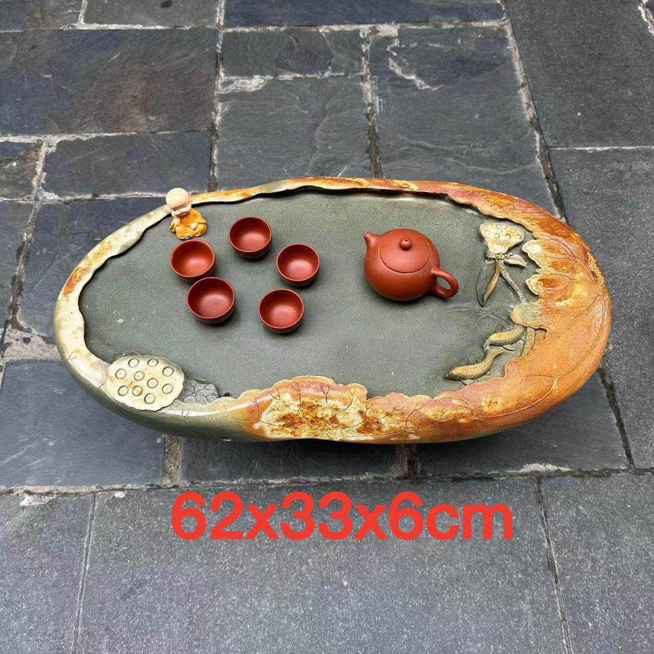 肇庆厂家端砚茶盘绿端金包玉家用客厅茶桌摆件茶台茶海精雕荷花