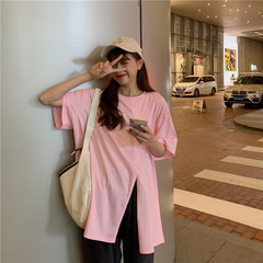 Real price! Korean relaxed solid split T-shirt~