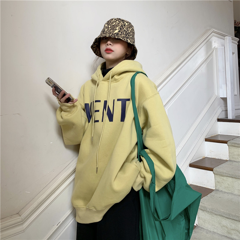South Korea age reducing loose Plush hooded printed sweater