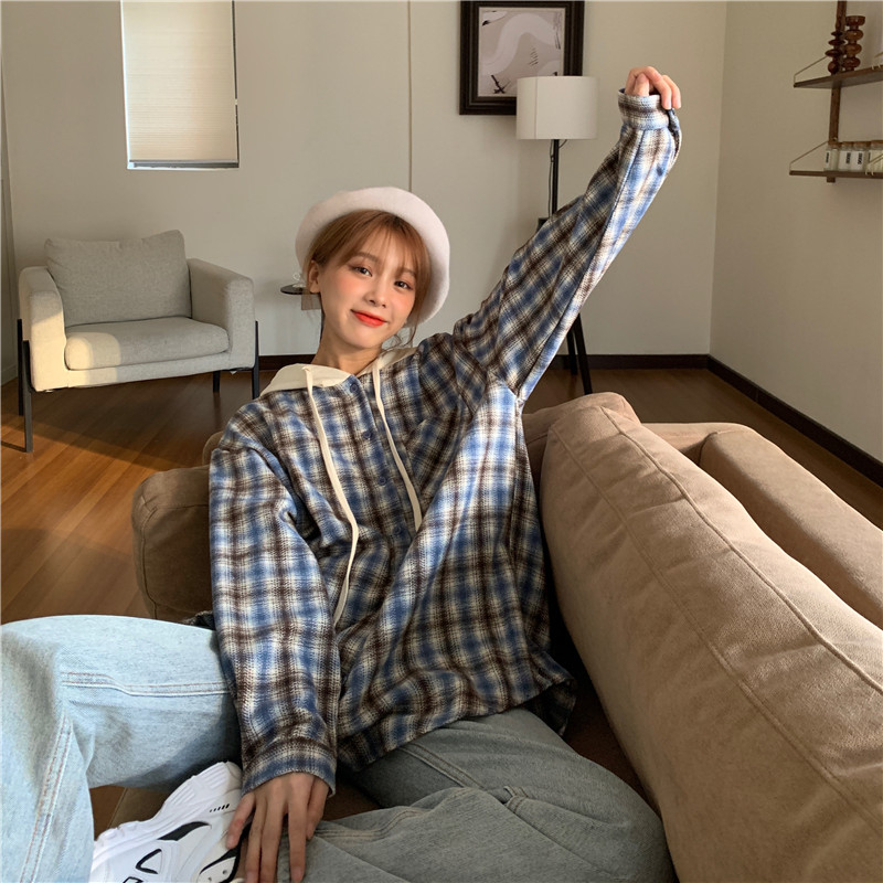 Real shot real price Hanfeng loose woolen Plaid Hooded Shirt