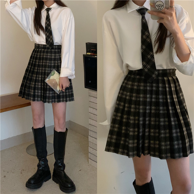 Real price retro JK college style shirt + tweed high waist plaid skirt + tie