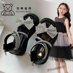 女童罗马凉鞋高帮后拉链2026夏季新款儿童公主鞋水钻蝴蝶结软底