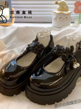 女孩小皮鞋增高粗跟玛丽珍鞋防滑大码少女单鞋蕾丝花边蝴蝶结珍珠