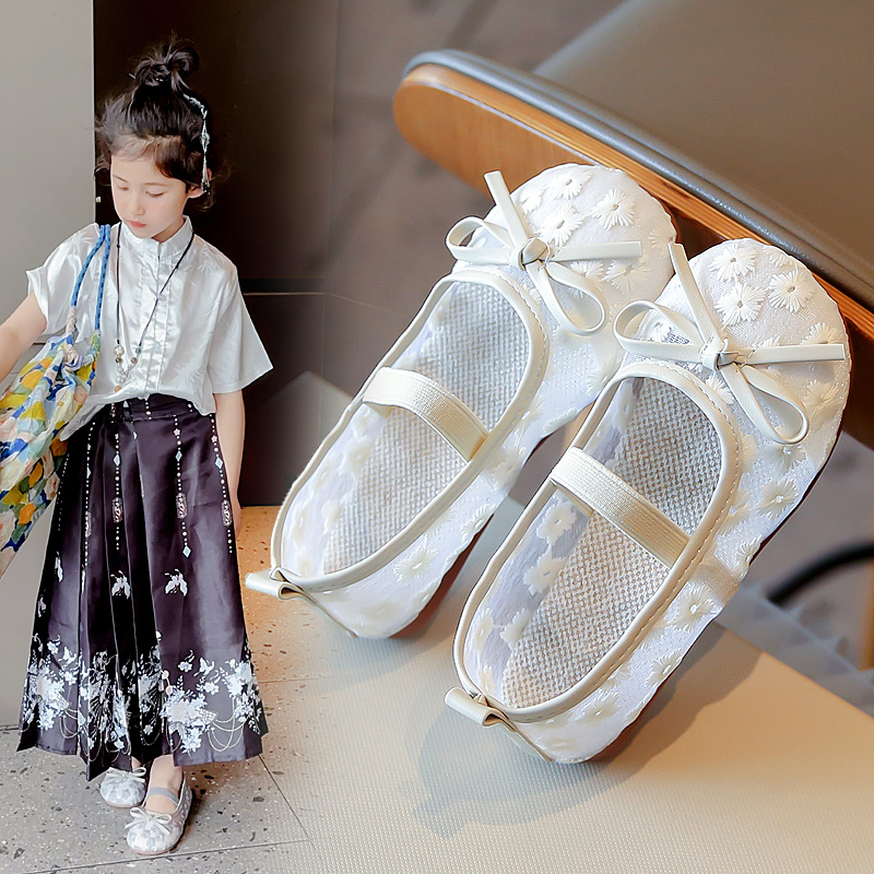 汉服女童鞋子2025夏季新款儿童凉鞋国风一脚蹬网面软底豆豆鞋公主