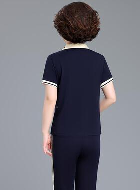 夏季中年时尚运动休闲套905695装女件翻领条短袖上纹衣分裤两九套