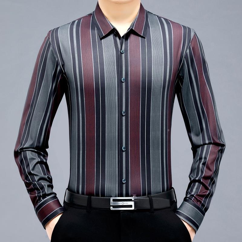 衬春烫秋新款青S5009-X年男士长袖羊绒免条纹衫商中务休闲衬衣爸