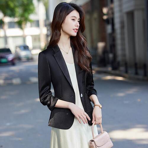 草绿色酸缎面西装外套女新款气七分小XXN-2590个质袖子薄款醋西服