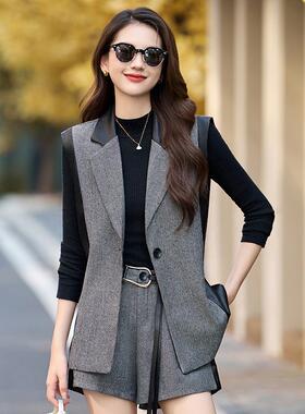 HM2836尚时休闲衫套装秋新款小香风马甲背心+针织+短裤三件套季