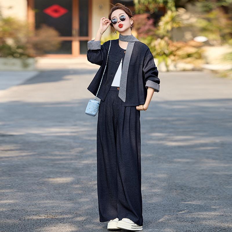 件时休闲套装春新款DL2570女装尚拼接外套长裤两套配领带季