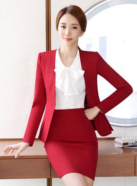 红色套装职业师女酒套裙美容工作服套装假两件西装时XX-NSBL-尚店