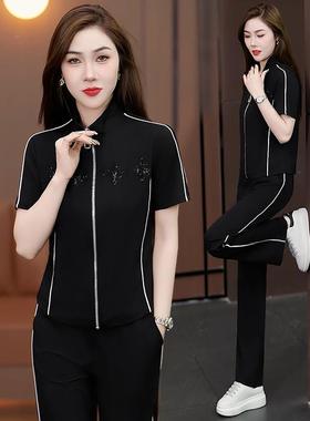 时尚妈妈减夏龄跑步立领袖阔腿28233裤两件短套年季新闲款休运动