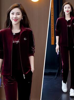金丝绒休闲运开动服82647965套装春秋洋气衫卫衣遮三肚减龄时女尚