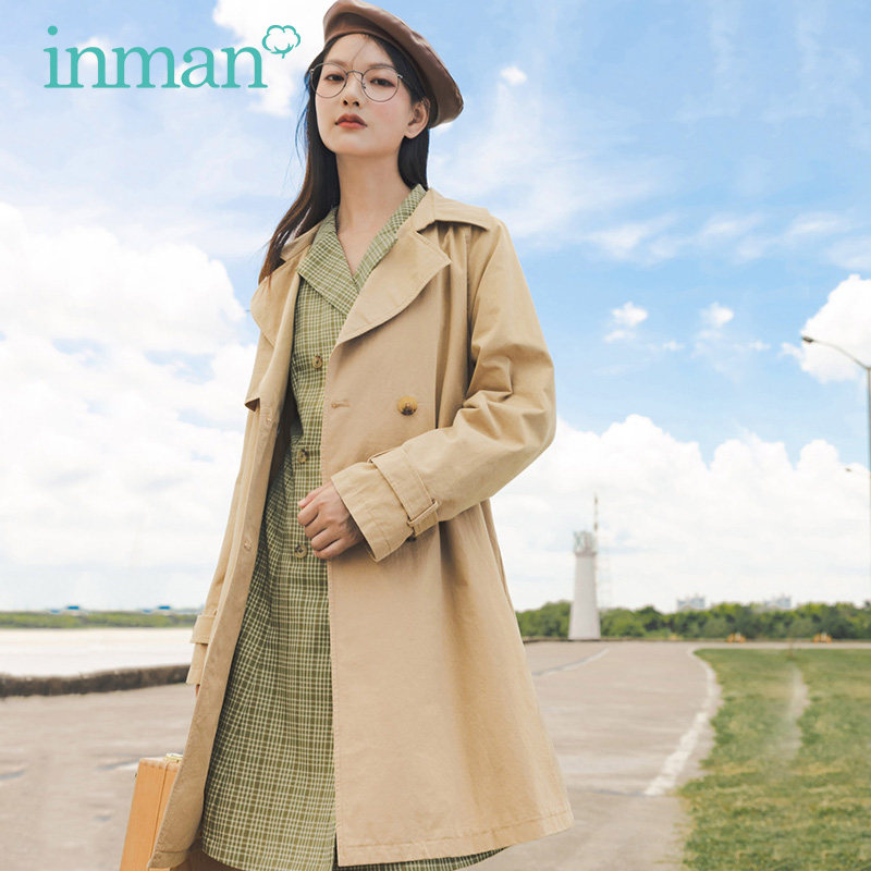 茵曼卡其色风衣女中长款小个子工装外套2020秋装新款英伦流行大衣