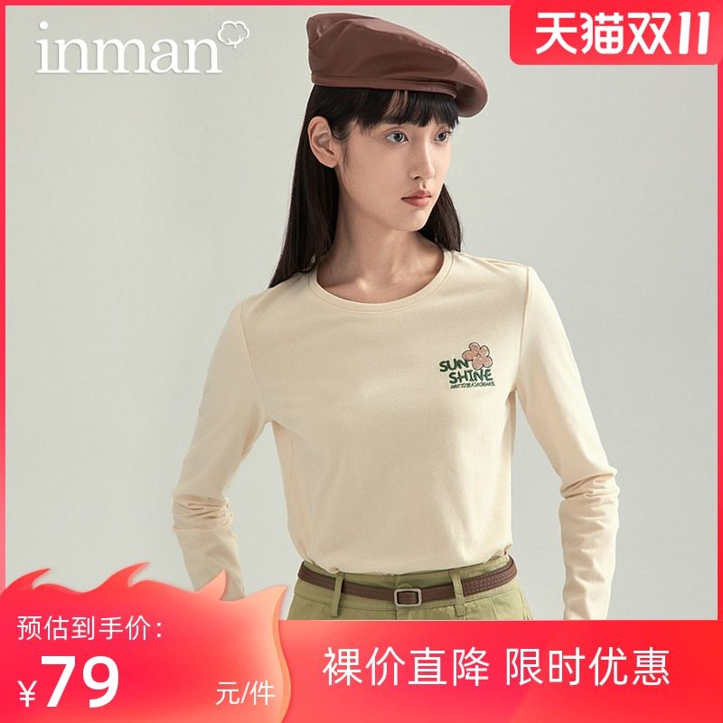 茵曼旗舰店长袖T恤2021秋装新款圆领趣味刺绣宽松显瘦打底衫上衣